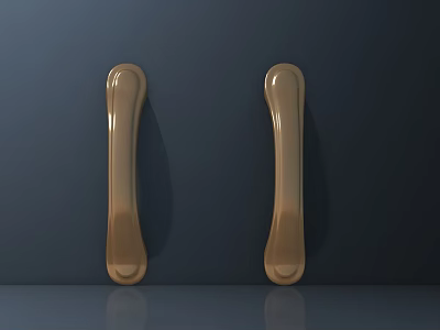 Elegant Two Golden Door Handles on Dark Wall with Reflective Surface 3d model