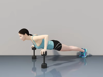 Woman Doing Push Ups Using Dumbbells In Athletic Wear And Sports Shoes 3d model