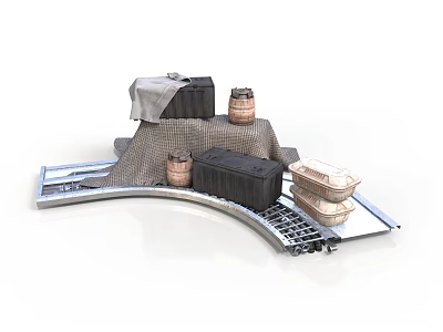 3D Scene Components With Black Boxes Wooden Barrels And Woven Fabric On Metal Platform 3d model