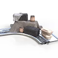 3D Scene Components With Black Boxes Wooden Barrels And Woven Fabric On Metal Platform