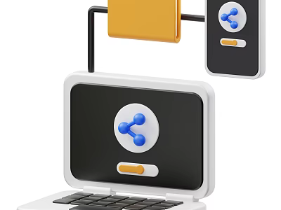 Laptop With Sharing Icon Connecting Multiple Devices Via Wireless Cloud Storage 3d model