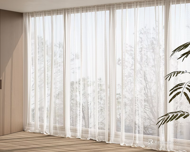 White Sheer Curtains Covering Large Windows Allowing Natural Light With Wooden Floor And Plant 3d model 