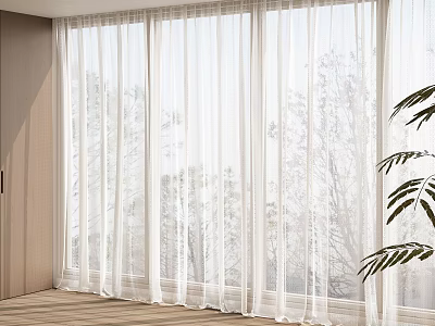White Sheer Curtains Covering Large Windows Allowing Natural Light With Wooden Floor And Plant 3d model