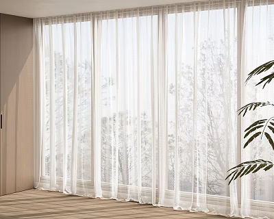White Sheer Curtains Covering Large Windows Allowing Natural Light With Wooden Floor And Plant 3d model