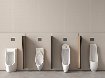 Modern Ceramic Urinals In Public Restroom With Beige Wall Panels And Clean Design 3d model