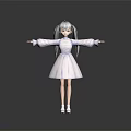 3D Model Girl With Gray Twin Ponytails White Dress White Shoes Arms Outstretched Dark Background