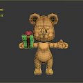 Orange Stuffed Teddy Bear Holding Green Gift Box With Red Bow And Stitched Arms Outstretched
