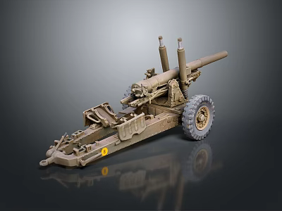 Brownish Military Towed Artillery Weapon With Gun Barrel Wheels And Steel Frame 3d model