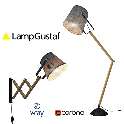 LampGustaf Modern Adjustable Wall Lamp With Wooden Arm And Linen Shade 3d model