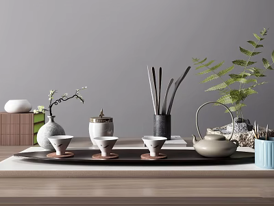 Modern Ceramic Tea Set With Teapot Teacups Wooden Tray And Decorative Plants 3d model