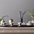 Modern Ceramic Tea Set With Teapot Teacups Wooden Tray And Decorative Plants