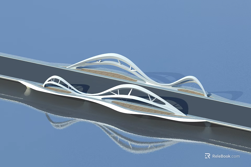 Modern Streamlined Bridge With Curved Design And Reflection On Blue Water Surface 3d model