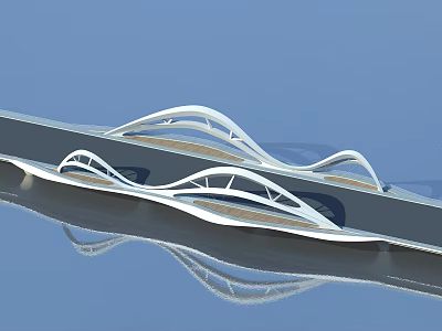 Modern Streamlined Bridge With Curved Design And Reflection On Blue Water Surface 3d model