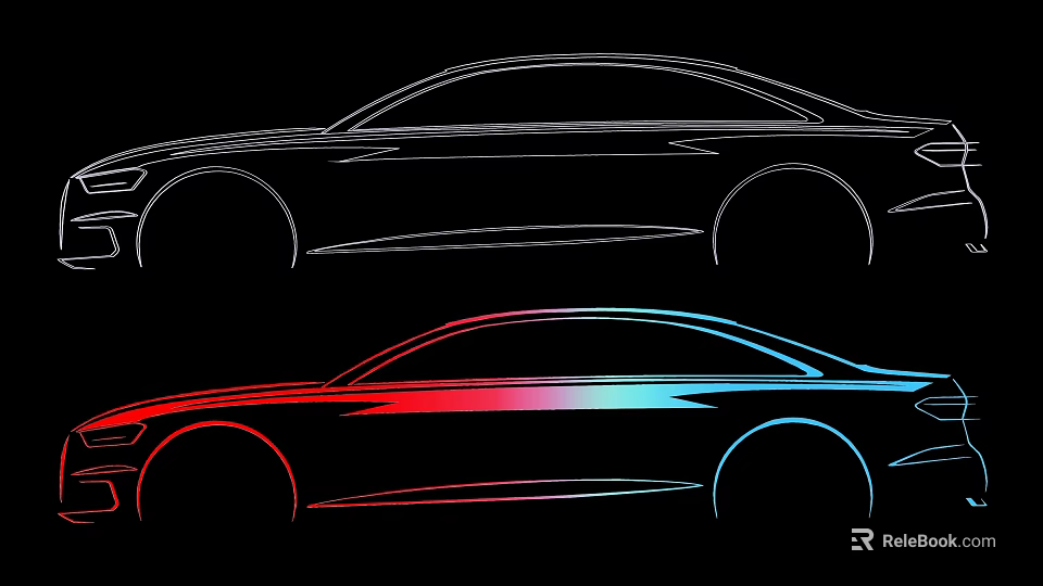 Two Stylish Car Line Art Illustrations With Gradient Colors On Black Background 3d model 