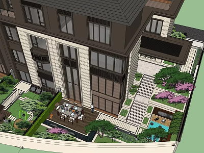 Modern Building Courtyard Garden With Outdoor Dining Area Lush Greenery And Stone Steps 3d model