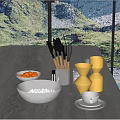 Modern Kitchen Countertop With Black Salt Bowl Wooden Handle Utensils And Golden Measuring Cups