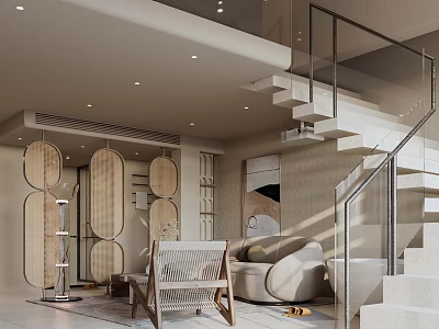 Modern Luxury Hotel Room Interior With Comfortable Sofa Glass Staircase And Soft Lighting 3d model