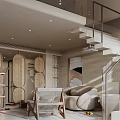 Modern Luxury Hotel Room Interior With Comfortable Sofa Glass Staircase And Soft Lighting