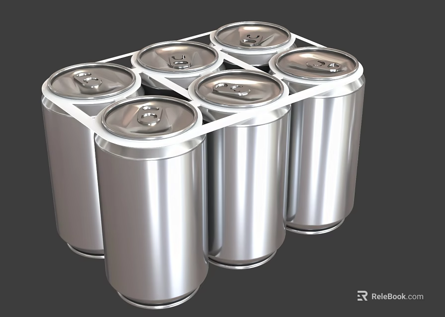 Shiny Metallic Six Pack Silver Drink Cans with Carrier on Gray Background 3d model 
