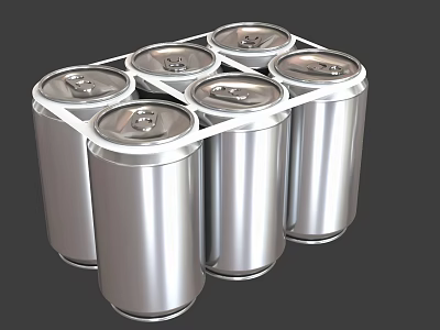 Shiny Metallic Six Pack Silver Drink Cans with Carrier on Gray Background 3d model