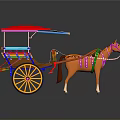 Colorful Horse Drawn Carriage With Red Canopy Yellow Wheels And Decorations