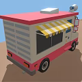 Pink And White Commercial Food Truck With Yellow White Striped Awning And Roof Horn