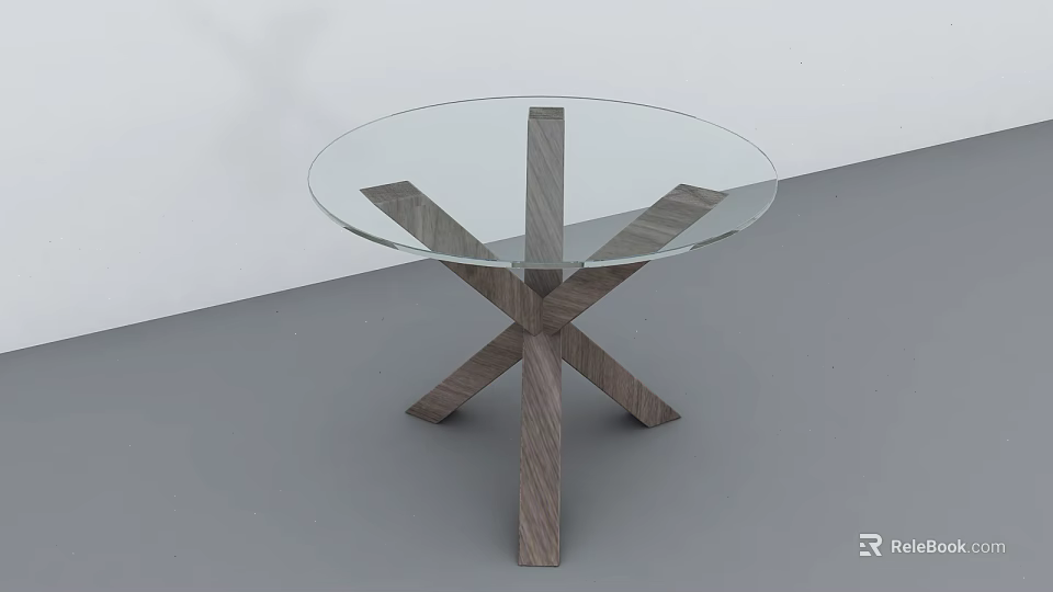 Modern Round Glass Top Dining Table Featuring Wooden Cross Legs Structure 3d model 