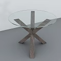 Modern Round Glass Top Dining Table Featuring Wooden Cross Legs Structure 3d model
