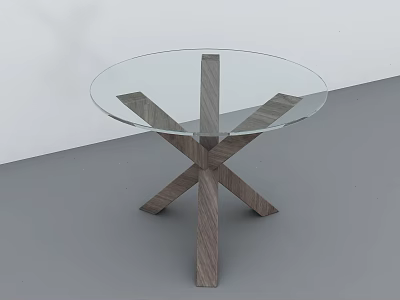 Modern Round Glass Top Dining Table Featuring Wooden Cross Legs Structure 3d model