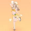 Woman In Yellow Bikini Top And Floral Skirt With White Sun Hat On Orange Background