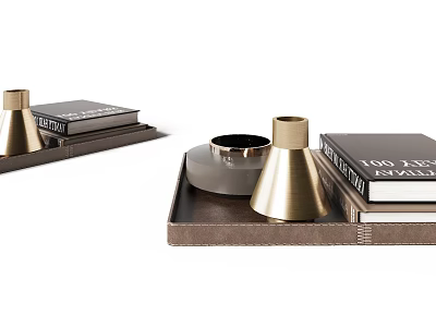 Modern Luxury Decorative Ornament Set With Metal Candle Holders Wooden Tray And Books 3d model