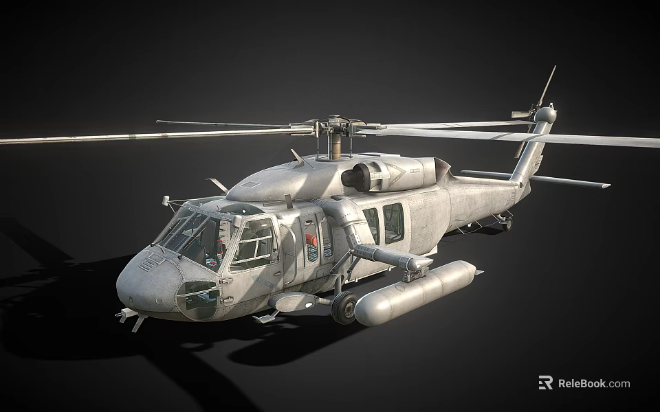 Gray Military Helicopter With Rotor System Cabin Windows And External Fuel Tanks 3d model 