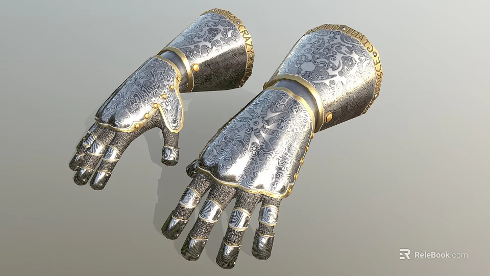 Ornate Metal Gauntlets Featuring Intricate Decorative Patterns And Gold Accents For Medieval Attire 3d model 
