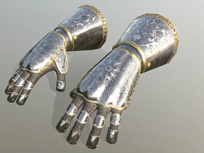 Ornate Metal Gauntlets Featuring Intricate Decorative Patterns And Gold Accents For Medieval Attire 3d model
