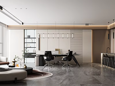 Modern Office Interior Design With Desk Black Chairs Pendant Lighting Bookshelves And Sofa 3d model