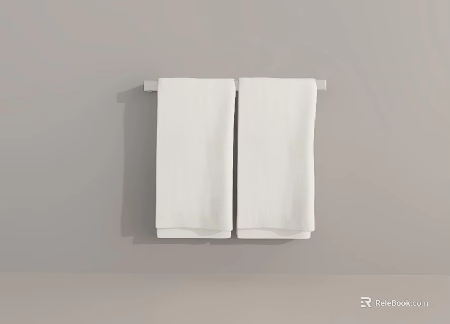 Two White Towels Hanging On Towel Rack Against Gray Wall 3d model