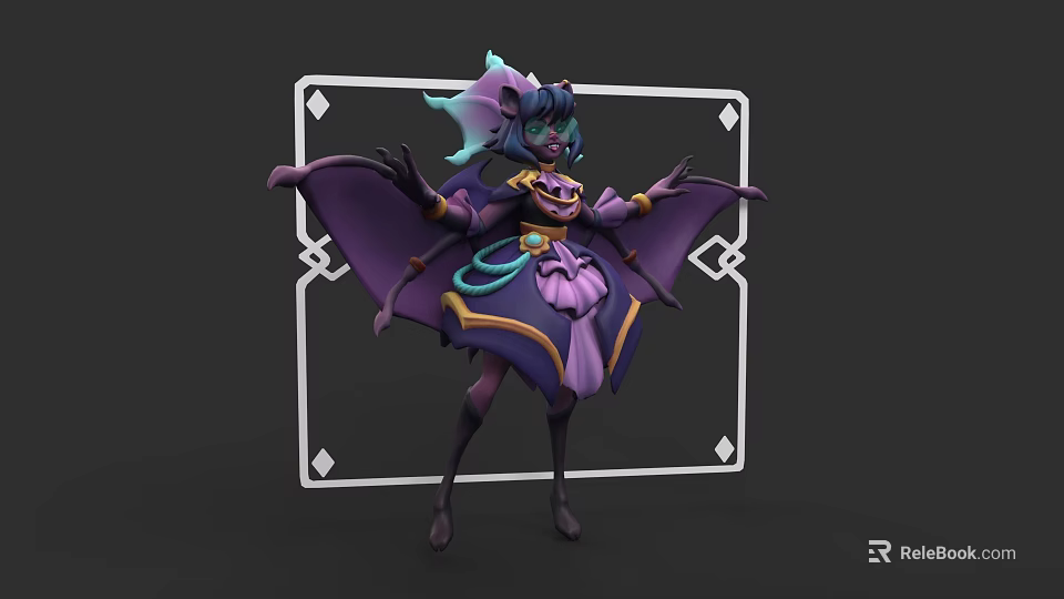 Game Movie Female Character With Bat Wings Purple Blue Fantasy Outfit And Framed Design 3d model 