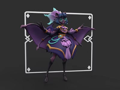 Game Movie Female Character With Bat Wings Purple Blue Fantasy Outfit And Framed Design 3d model