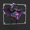 Game Movie Female Character With Bat Wings Purple Blue Fantasy Outfit And Framed Design