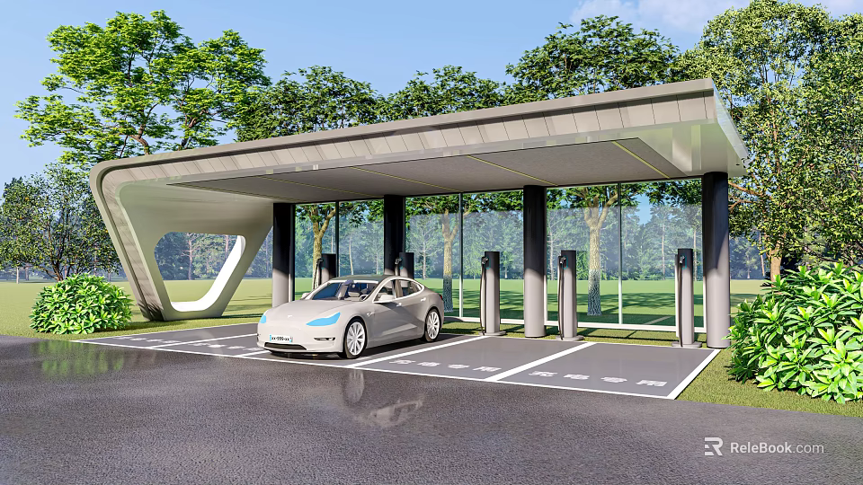 Modern EV Charging Station Canopy Structure With Electric Vehicle Charging Ports And Green Surroundings 3d model 