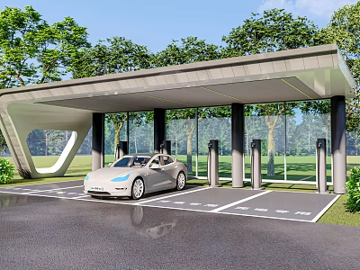 Modern EV Charging Station Canopy Structure With Electric Vehicle Charging Ports And Green Surroundings 3d model