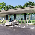 Modern EV Charging Station Canopy Structure With Electric Vehicle Charging Ports And Green Surroundings
