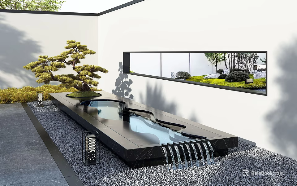 Modern Zen Garden Ornament With Black Stone Waterfall Pool Gravel Bonsai Pine And Lantern Accent 3d model 