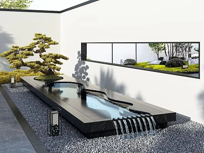 Modern Zen Garden Ornament With Black Stone Waterfall Pool Gravel Bonsai Pine And Lantern Accent 3d model