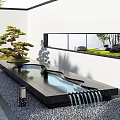 Modern Zen Garden Ornament With Black Stone Waterfall Pool Gravel Bonsai Pine And Lantern Accent
