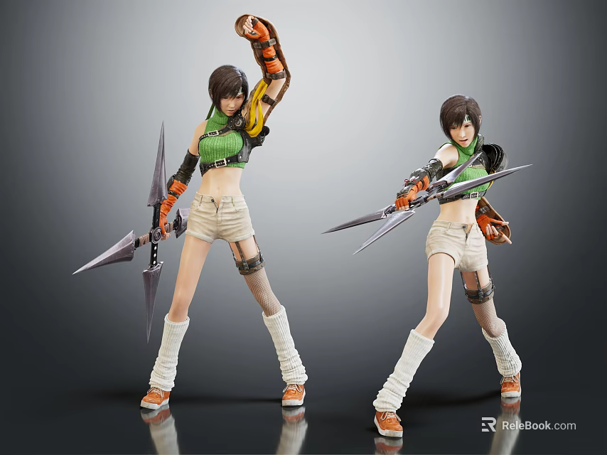Two Game Movie Characters Green Crop Top White Shorts Weapon Battle Pose Action Figure 3d model 