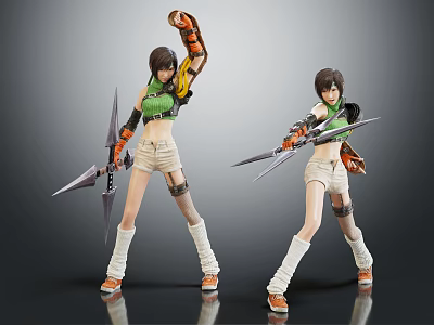Two Game Movie Characters Green Crop Top White Shorts Weapon Battle Pose Action Figure 3d model