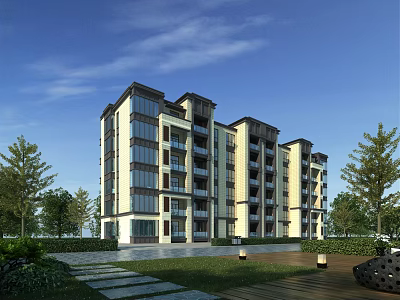 Modern Residential Building Exterior With Glass Windows Green Lawn Trees Pathway And Street Lamps 3d model