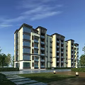 Modern Residential Building Exterior With Glass Windows Green Lawn Trees Pathway And Street Lamps