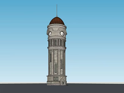 Gray Stone Clock Tower With Dome Structure And Blue Sky Background 3d model